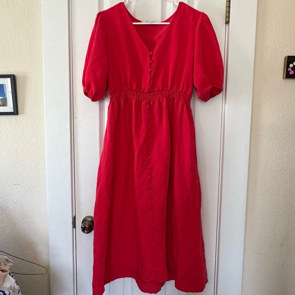 Rockmans Red Midi Dress Size‎ 12 Puff Sleeve Smocked Waist Button Front Flowy